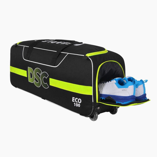DSC Eco 100 Wheelie Cricket Kit Bag – 70L, Durable, Integrated Shoe Pocket, Black