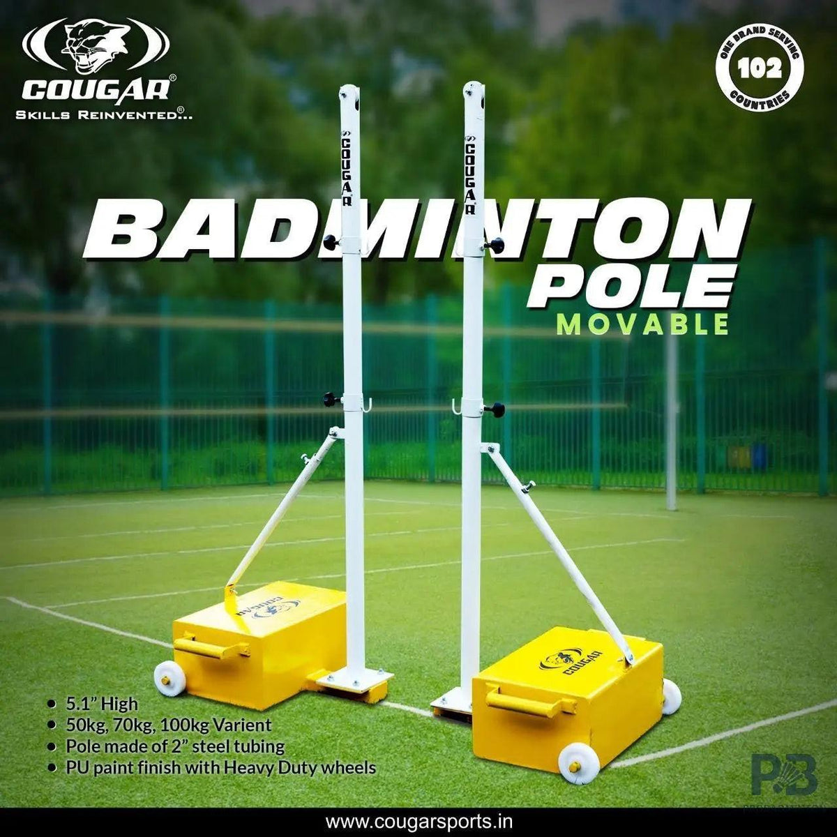 Cougar Movable Badminton Pole with 70kg Base | Heavy Duty Indoor & Outdoor Badminton Post | Best Court Equipment in India