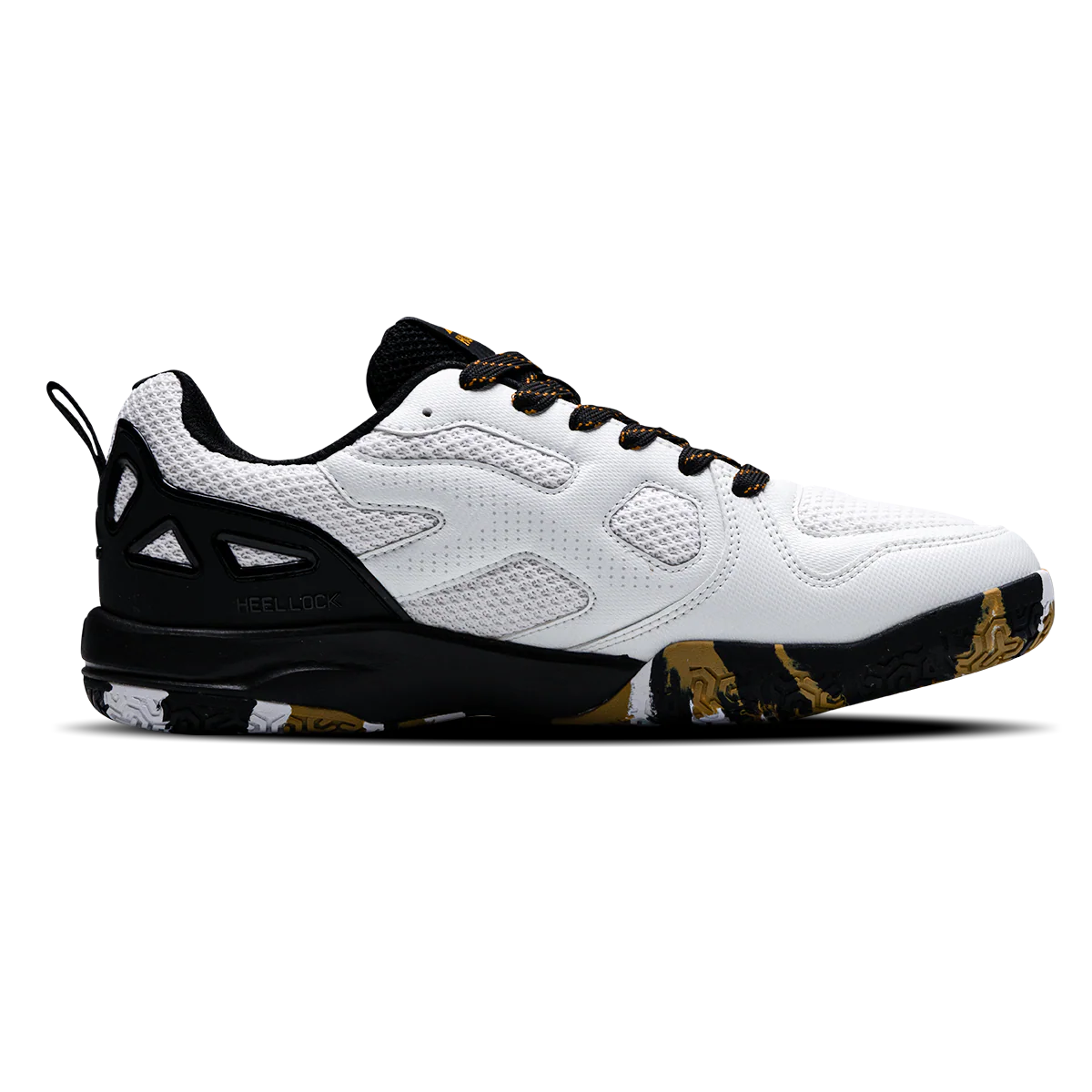 Hundred Raze Pro Badminton Shoe | White/Gold/Black – Pro-Level Court Shoes for Aggressive Players