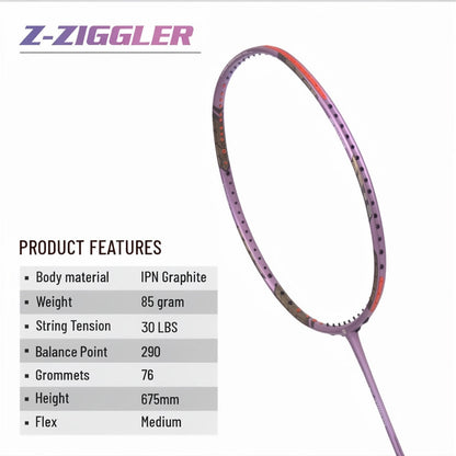 Apacs Z Ziggler Badminton Racquet (Unstrung) - Purple – Powerful Stiff Racket for Advanced Players