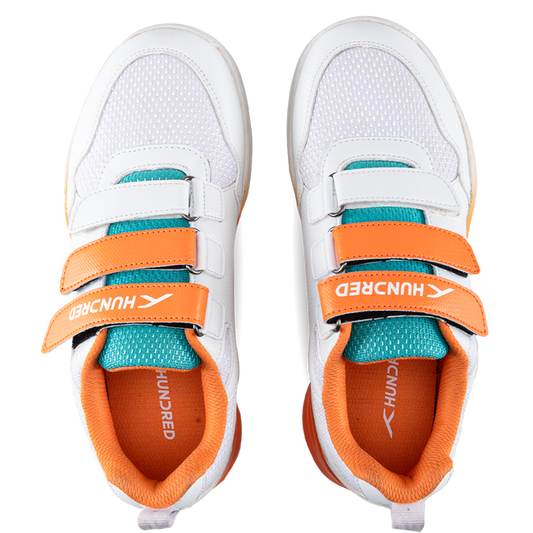 Hundred Court Champions Badminton Shoe | White/Orange/Sea Blue
