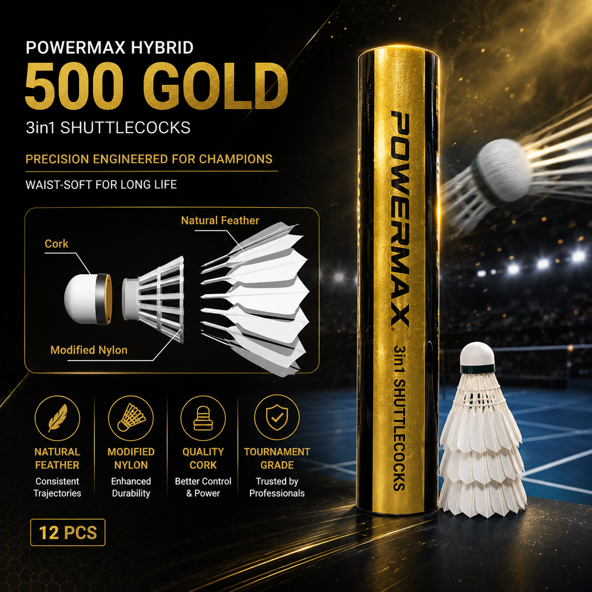 Powermax Hybrid 500 Gold – Premium Hybrid Badminton String for Power & Control