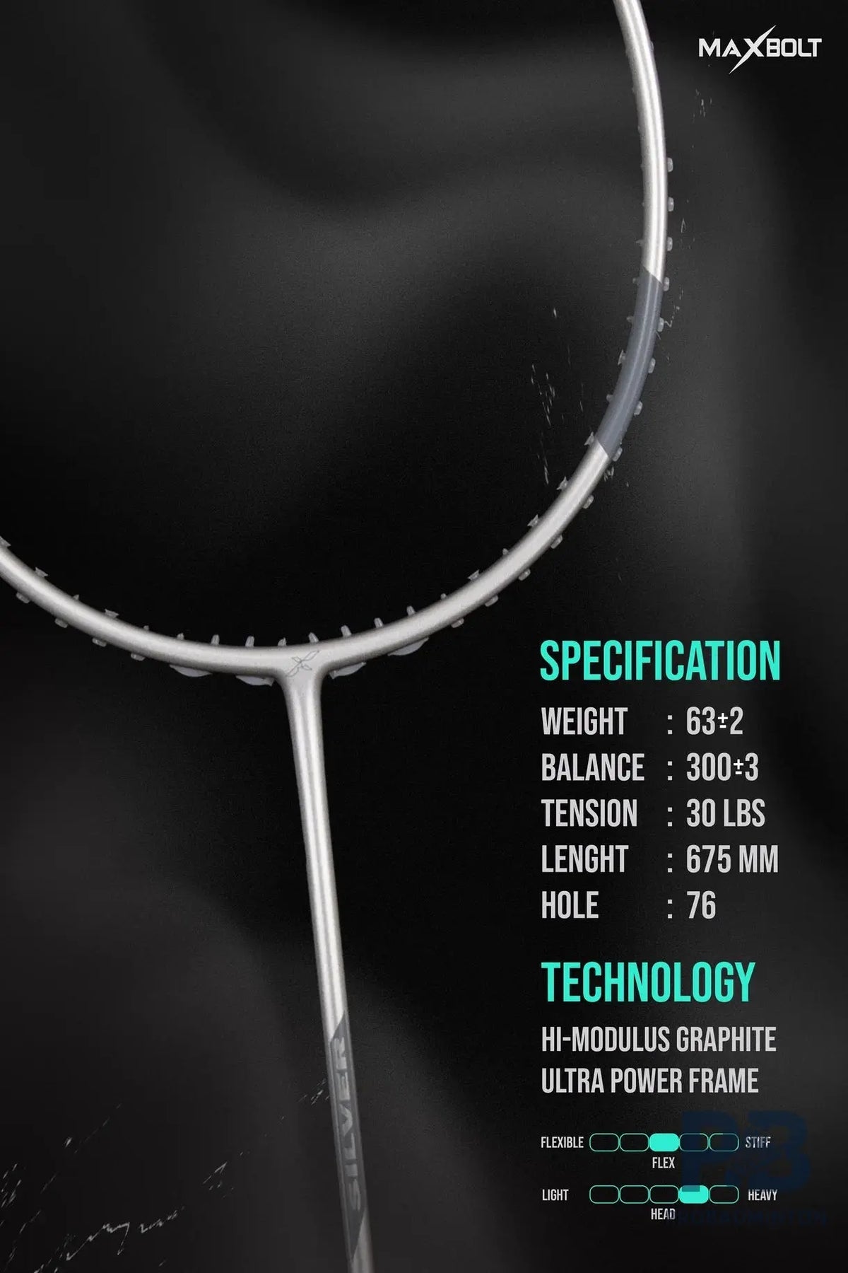 MAXBOLT Silver Badminton Racket – 63g Ultra-Lightweight, 30 lbs Tension, Attack Playstyle – Premium Power Racket