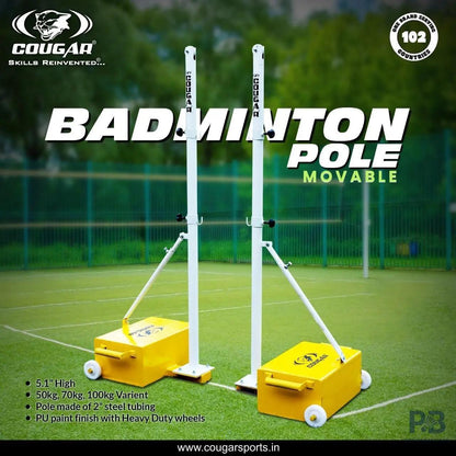 Cougar Movable Badminton Pole with 70kg Base | Heavy Duty Indoor & Outdoor Badminton Post | Best Court Equipment in India