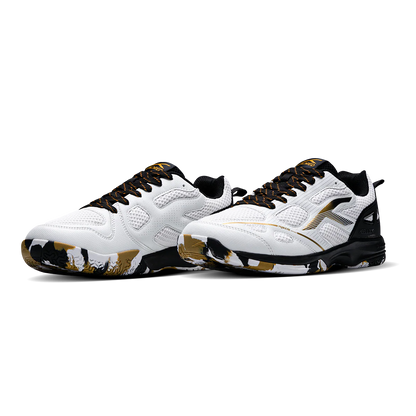 Hundred Raze Pro Badminton Shoe | White/Gold/Black – Pro-Level Court Shoes for Aggressive Players