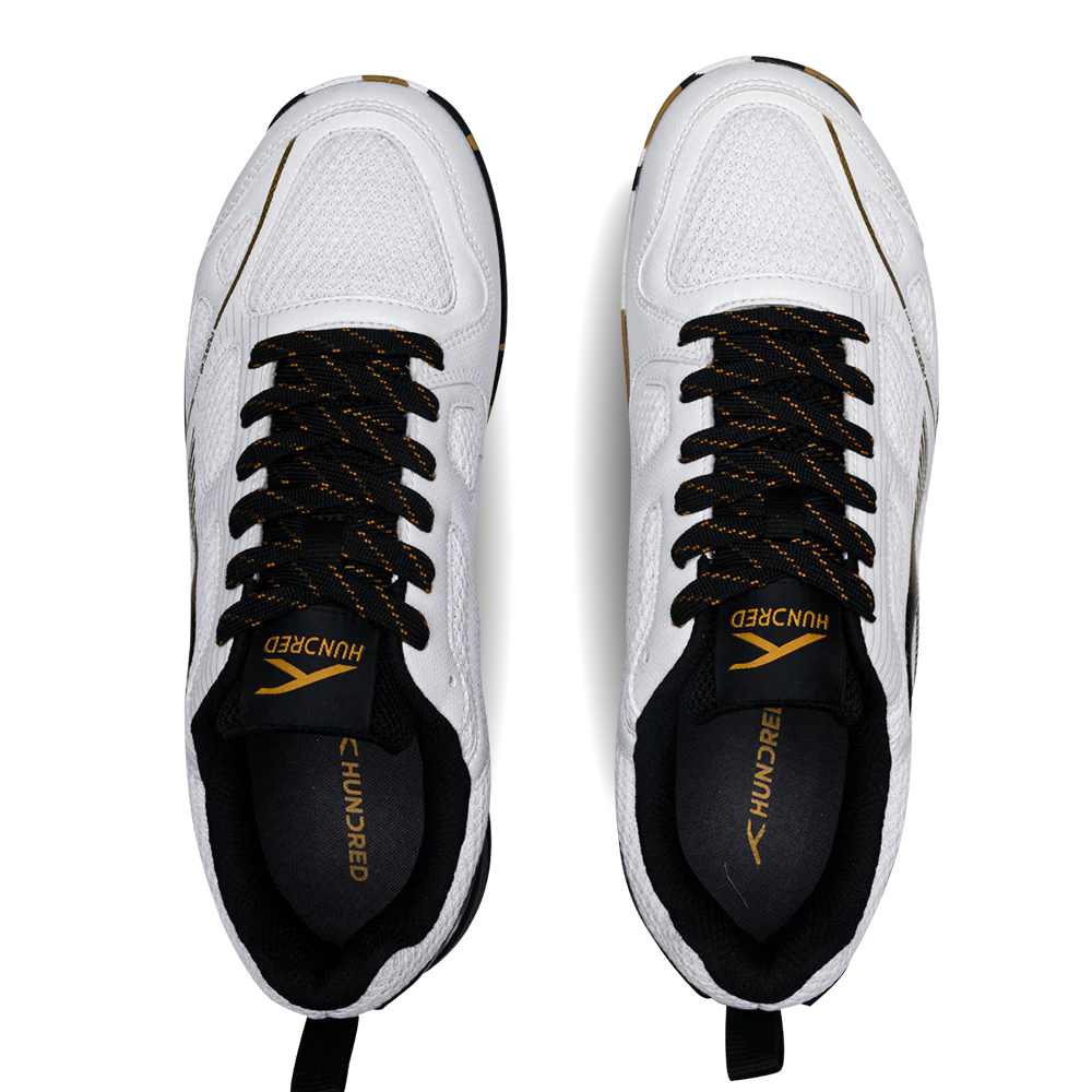 Hundred Raze Pro Badminton Shoe | White/Gold/Black – Pro-Level Court Shoes for Aggressive Players