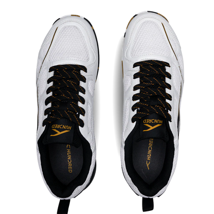 Hundred Raze Pro Badminton Shoe | White/Gold/Black – Pro-Level Court Shoes for Aggressive Players