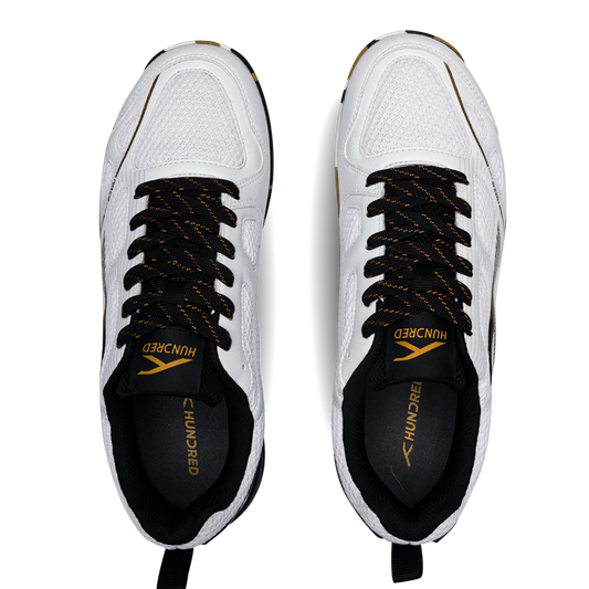 Hundred Raze Pro Badminton Shoe | White/Gold/Black – Pro-Level Court Shoes for Aggressive Players