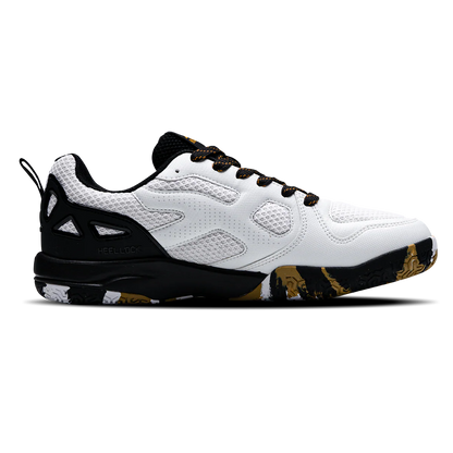 Hundred Raze Pro Badminton Shoe | White/Gold/Black – Pro-Level Court Shoes for Aggressive Players