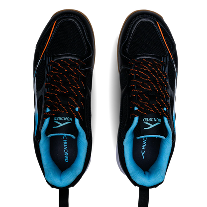 Hundred Raze Pro Badminton Shoe | Black/White/Blue – Pro-Level Court Shoes for Aggressive Players