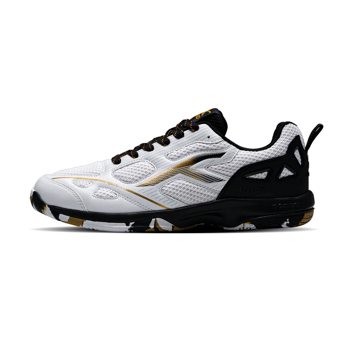 Hundred Raze Pro Badminton Shoe | White/Gold/Black – Pro-Level Court Shoes for Aggressive Players