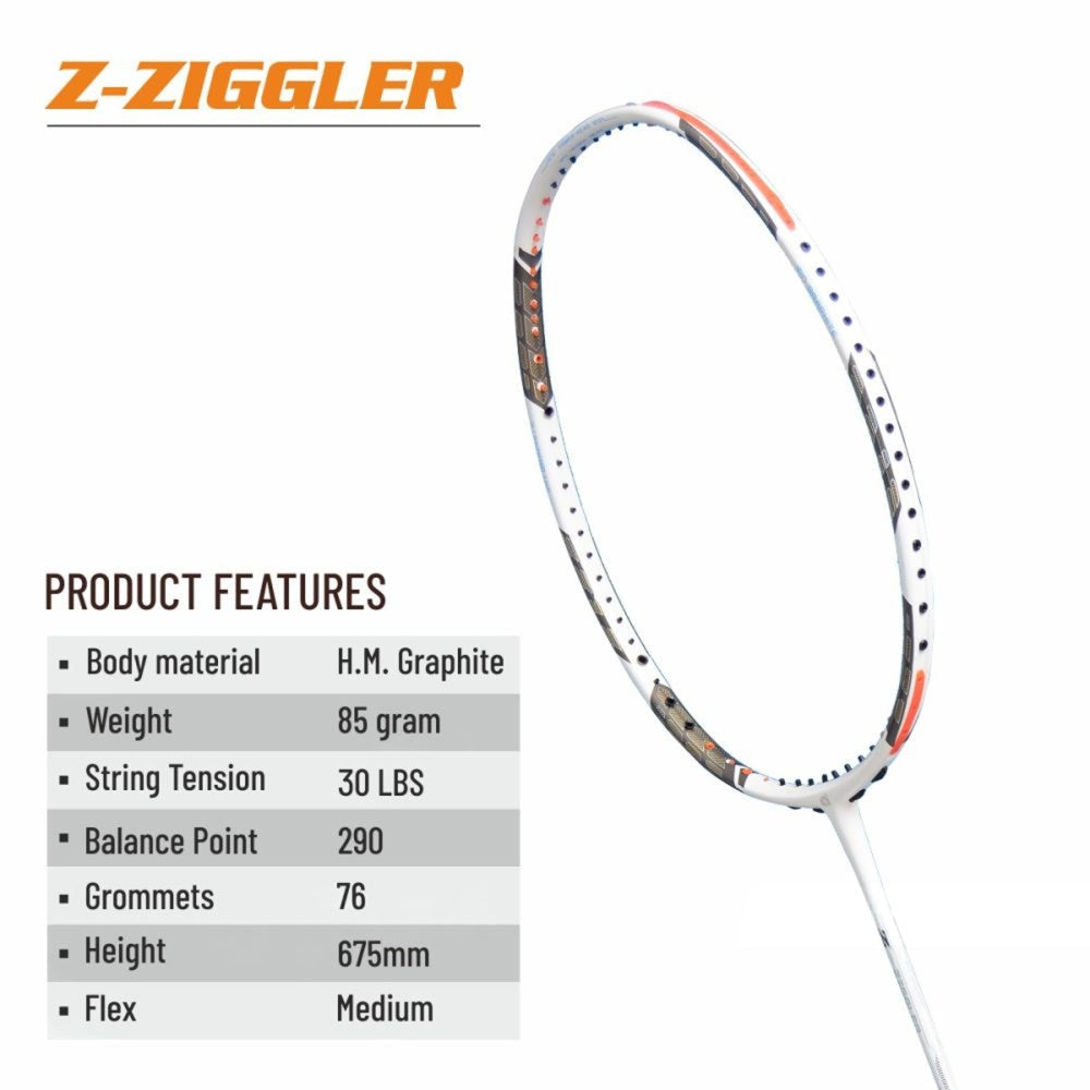 Apacs Z Ziggler Badminton Racquet (Unstrung) - White – Powerful Stiff Racket for Advanced Players